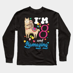 I'm 8 Years Old and Llamazing funny 8th birthday sloth llama Long Sleeve T-Shirt